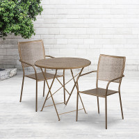 Flash Furniture CO-30RDF-02CHR2-GD-GG 30" Round Steel Folding Patio Table Set with 2 Square Back Chairs in Gold
